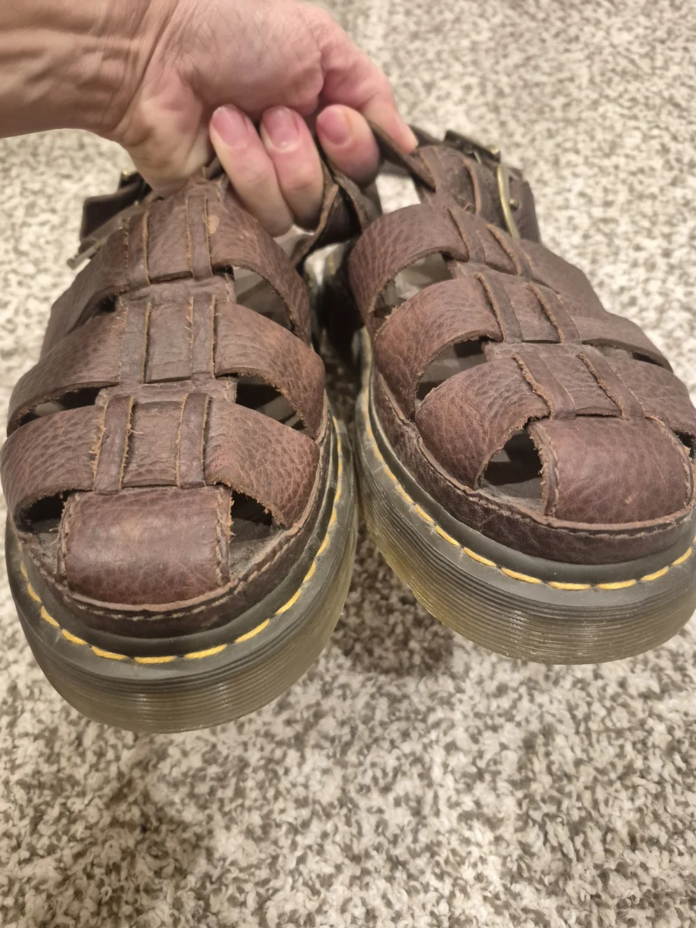 Dr. Martens Brown Leather Fisherman Sandals with Yellow Stitching